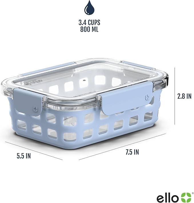 Ello Duraglass 3.4 Cup Meal Prep Sets 10Pc- Glass Food Storage Container with Silicone Sleeve and Airtight BPA-Free Plastic Lids,Dishwasher,Microwave,and Freezer Safe,Halogen Blue,5 Count (Pack of 2)