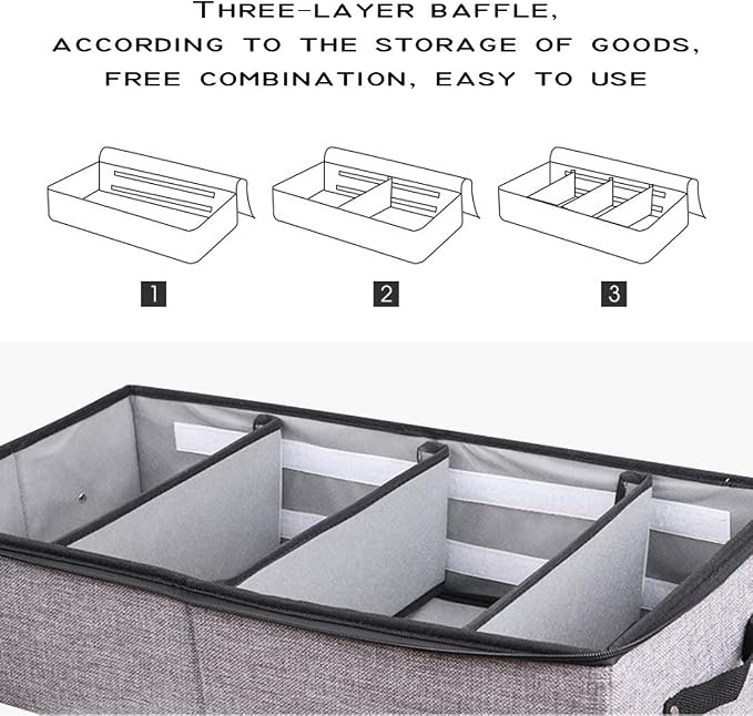 AARAINBOW Foldable Under Bed Clothes Organizer with Lid, Underbed Storage Container with Adjustable Dividers, Clear Window, Gray