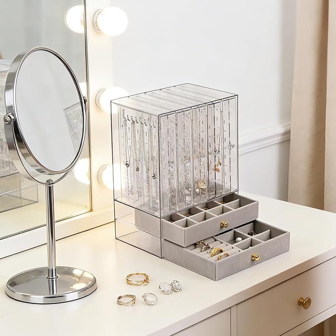Greenfeather Jewelry Organizers and Storage, Clear Acrylic Jewelry Box with 40 Necklace Hooks 120 Pairs of Earring Holes 2 Velvet-Lined Drawers for Rings Necklaces Earrings