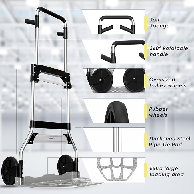 Teprovo Folding Hand Truck Dolly Cart,340LB Capacity Portable Aluminum Dolly Cart with Telescoping Handle and 7 Inch Rubber Wheels for Moving,Shopping,Travel,Office Use