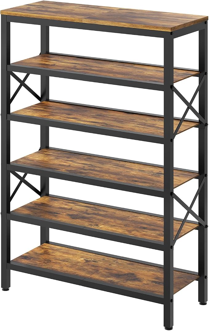 YATINEY 6-Tier Tall Shoe Rack Organizer, Wooden Shoe Storage for Closet Holds 24 Pairs, Sturdy Shoe Shelf with X-Shaped Metal Support, for Entryway, Bedroom, Rustic Brown and Black SS206BR