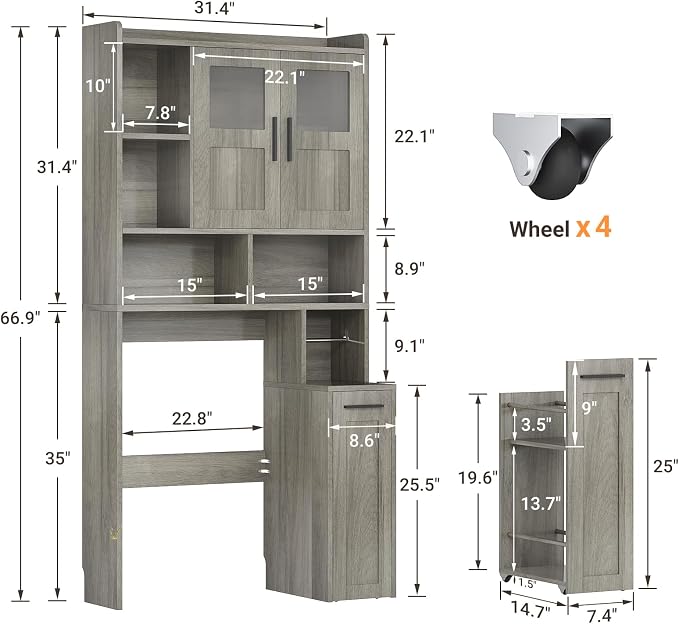 ELYKEN Over The Toilet Storage Cabinet with Pulley Bathroom Storage Cabinet, Home Space-Saving Over Toilet Rack with Glass Doors & Adjustable Open Shelf for Bathroom, Restroom, Laundry, Grey