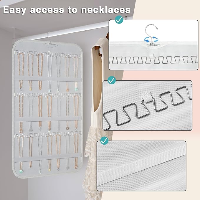Double-Sided Hanging Jewelry Organizer for Necklaces Earrings, 1-Pack White | Foldable 36 hooks & 40 clear pockets; swivel hook fits walls, doors & rods for earrings, bracelets, rings & small jewelry