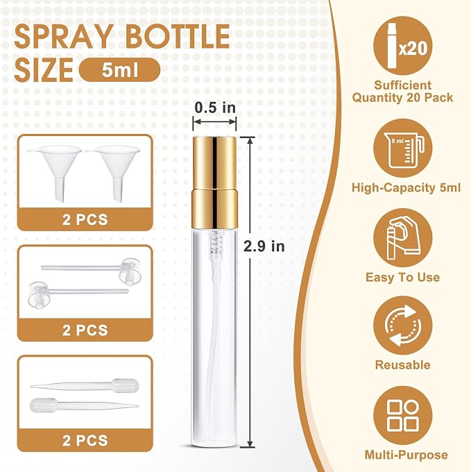 Mini Glass Spray Bottle 20pcs 5ml Clear Spray Bottle Empty, Fine Mist Refillable Mini Perfume Spray Bottle, Perfume Atomizer, Travel Spray Bottle For Hair, Small Empty Sample Containers Portable