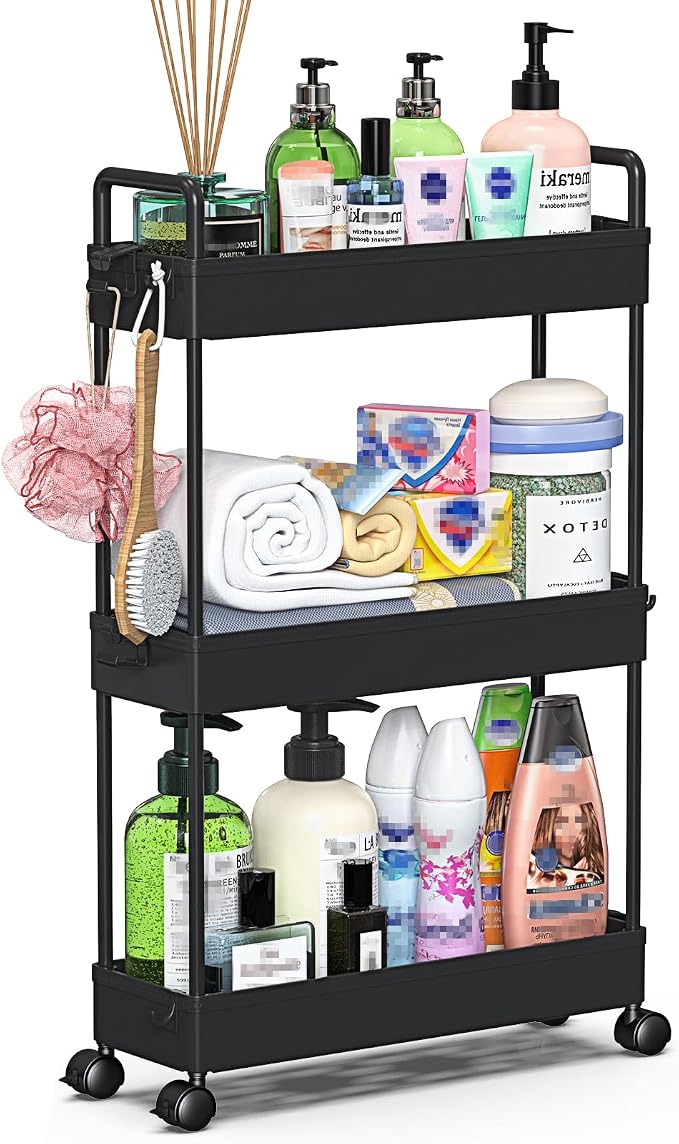 SOLEJAZZ Slim Rolling Storage Cart Skinny Bathroom Organizer, 3 Tier, Black | Thin utility cart with wheels for bathroom, laundry room, bedside, kitchen, dorm, office, next to fridge, small narrow places