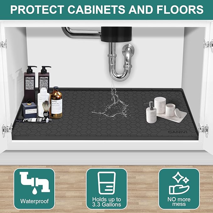 Under Sink Mat, 34" x 22" Waterproof Silicone Under Sink Tray for Kitchen & Laundry Cabinets, Kitchen Cabinet Shelf Protector, Up to 3.3 Gallons Liquid, Fits 36 inch Standard Cabinet(Grey)