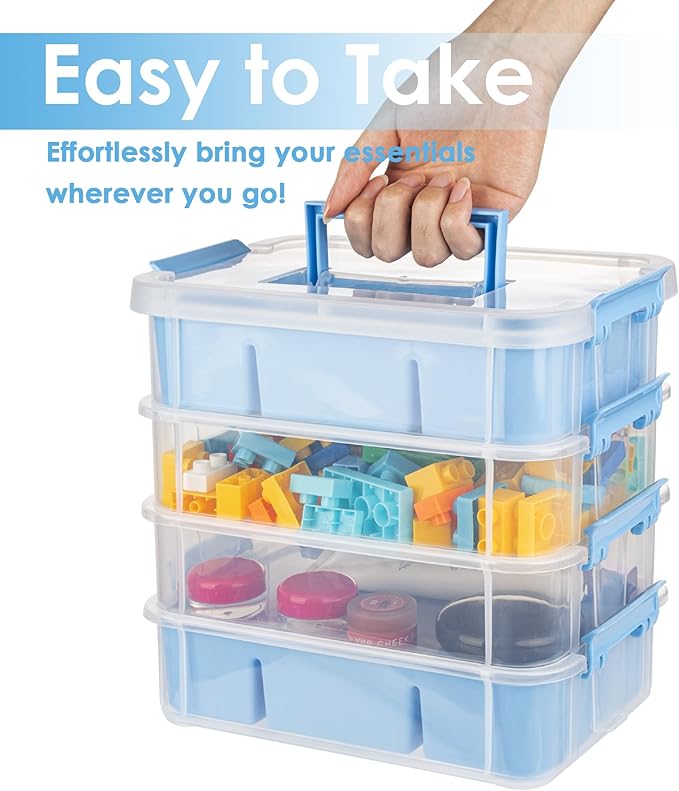 CraftGenes Art Supply Storage Organizer, 4-Tier 10 Qt Box, 2 Trays, Blue | Clear Compartments; Dual Removable Inserts; Carry Handle; Side Latches; Markers, Crayons, Brushes, Beads, Drawing Tools