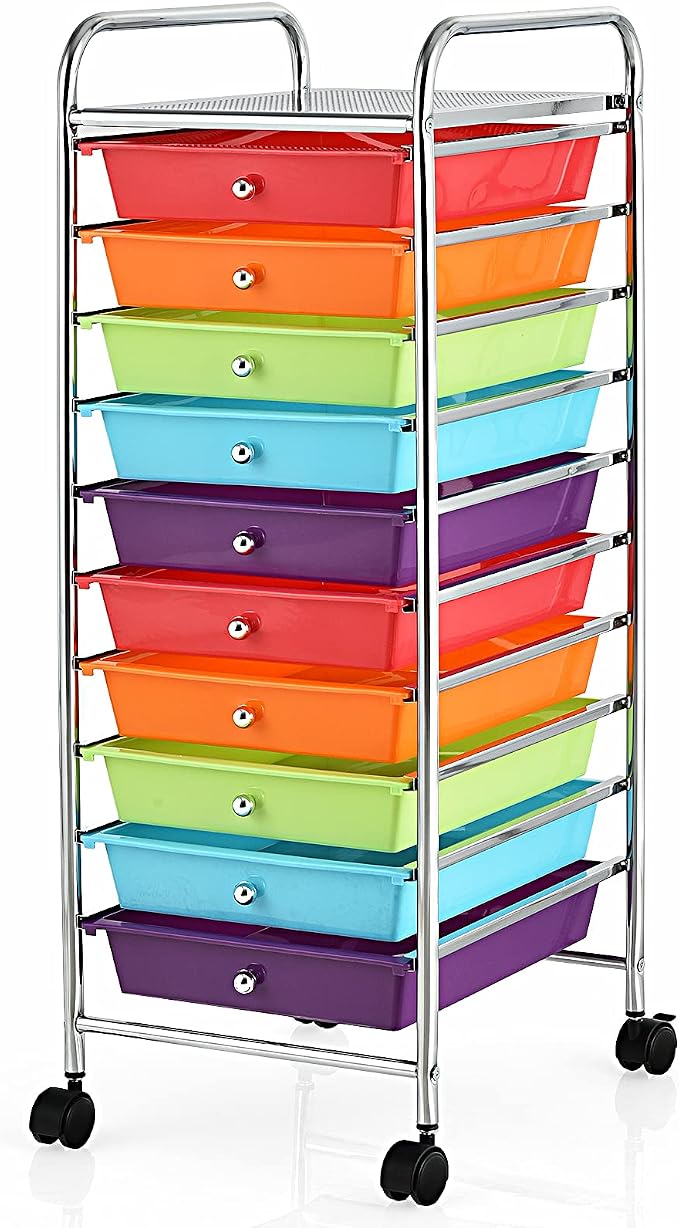MEDIMALL 10 Drawers Rolling Storage Cart, Multipurpose Craft Storage Cart with Wheels, Mobile Tools Scrapbook Paper Organizer Cart for Office School Home Use (Multi-color)