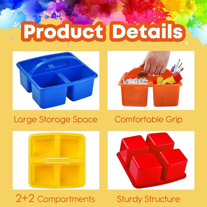ALINK Plastic Classroom Caddy Organizer with Handle, 6-Pack 4 Compartments | Teacher Supply Storage Caddy for Classroom Organization, Table, Desk, Office, Craft Art for Kids - Assorted Colors