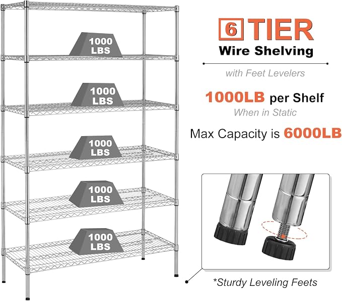 Meet perfect 6-Tier Wire Shelving Unit with Wheels, 72" H x 48" W x 18" D Heavy Duty Metal Shelf, 6000LBS Capacity Adjustable Utility Storage Rack for Garage Pantry Kitchen Warehouse