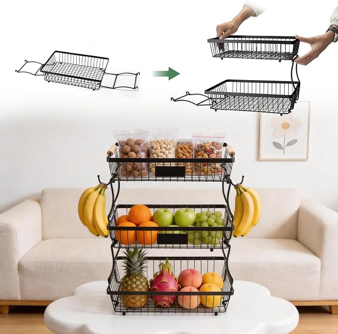 3 Tier Fruit Basket with 2 Banana Hangers, Mesh Basket Fruits Stand Produce Holder Organizer for Onion Potato Bread Snack Veggie Black
