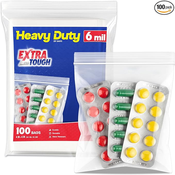 Heavy Duty Zip Seal Lock Snack Bag, Resealable Plastic Storage Bags, 6 Mil Thick Zip Top Baggies for Cakes, Jewelry, Crafts, 4x4 Inch, Pack 100