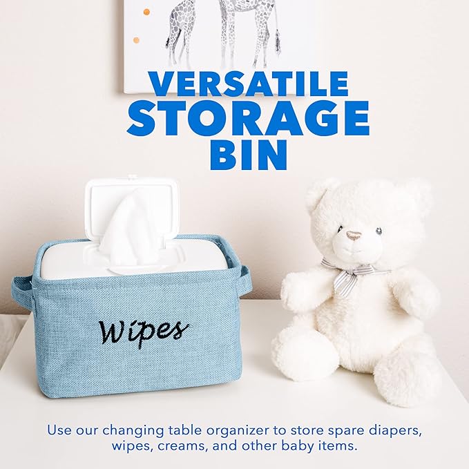 Dejaroo - Baskets for Organizing Wipes and Newborn Essentials, Diaper and Wipes Organizer, Embroidered Baby Shower Gifts for Moms, Linen Basket with Handle, 9 x 6 x 5.5 Inches, Blue