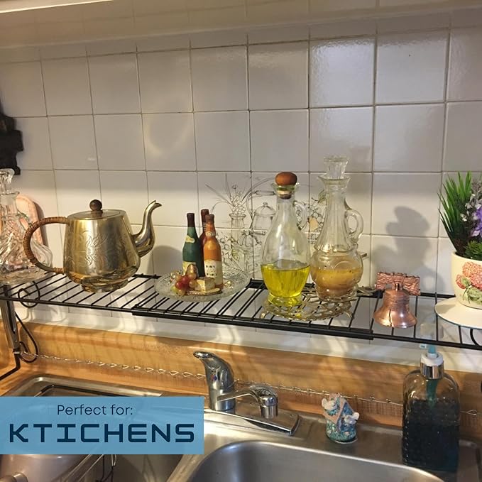 Expandable Over-the-Sink Metal Shelf - Adjustable 1-Shelf Storage for Kitchen, Bathroom & Pantry - 24.5" to 40.75" Adjustable Width, 8.5" Height