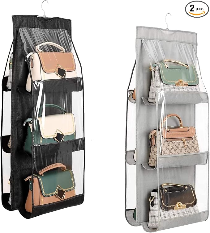 AYWVRBST Handbag Purse Organizer, 2Pcs 6 Pockets, Dust Proof Purse Organizer Closet, Wardrobe Closet Organizer, Washable Handbag Organizer for Handbags Purse (Black+Gray)