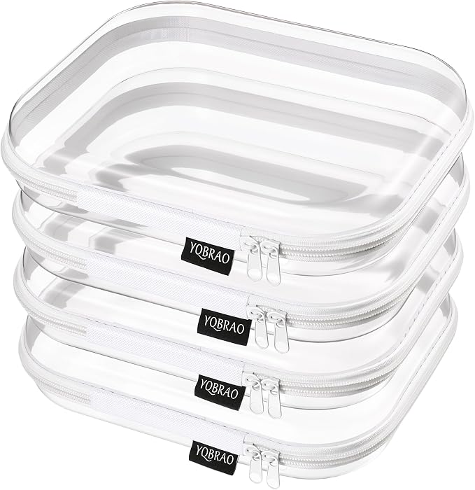 YQBRAO 4-Pack Clear Diaper Bag Organizer Pouches, 1.2mm Ultra-Thick PET Travel Pouches for Toiletries & Makeup, Rigid Self-Standing Bags with YKK Zippers, TSA Approved