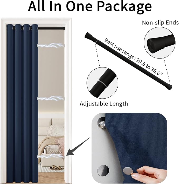 Vatge Magnetic Doorway Curtain for Privacy, Closet Curtain with Rod, Room Dividers for Closet Door and Sliding Door, 1 Panel, W42 x L80, Navy