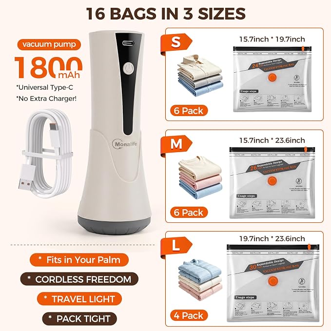 Vacuum Seal Bags for Clothing Travel with Electric Pump,16 Pack | Fits Carry-On, Luggage, and Suitcase | Reusable Airtight Seal Prevents Leaks | Save 85% Volume for Clothes & Bedding