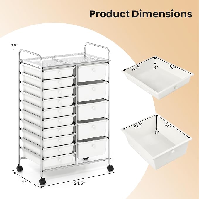 DREAMADE 15-Drawer Rolling Storage Cart, Mobile Craft Cart, White | Utility Organizer with Lockable Wheels, Removable Plastic Drawers and Metal Frame for Home Office, Classroom and Studio