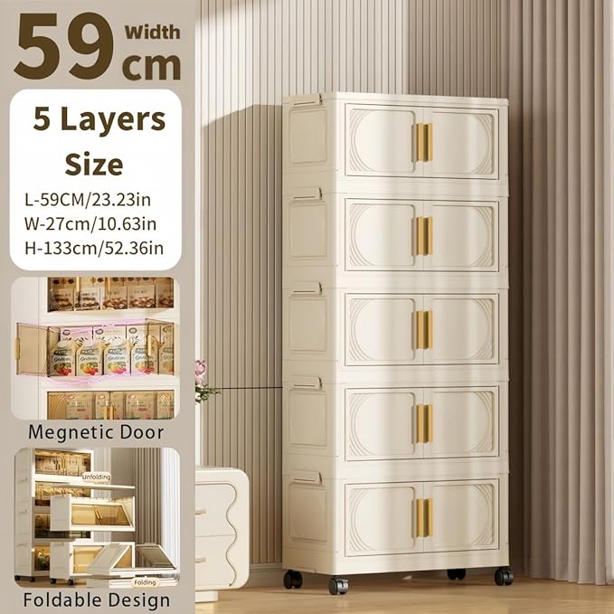 5-Tier Stackable Storage Bins with Wheels & Magnetic Doors, Foldable Collapsible Organizer Cabinet with Lids, 40 QT Arc-Design Storage Boxes for Bedroom, Kitchen, Office, Dorm