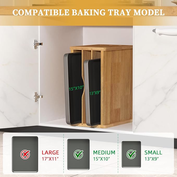 4 Tier Rubber Wood Tray Dividers for Cabinets, Heavy Weight Kitchen Vertical Tray Divider Organizer, Storing pans, Baking trays, Cutting Board(16.7" W x 8.9" H x 12.4" D)