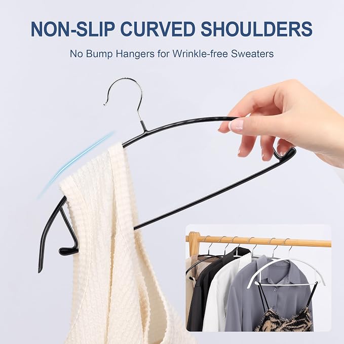 Sweater Hangers No Shoulder Bump, Non-Slip Rubber & Rust-Free Metal | Heavy Duty and Ergonomic Curved for Closet Clothes like Suits Coats Pants Dresses or Shirts, Set of 5, Black Coated