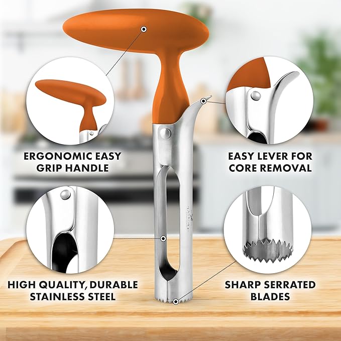 Zulay Kitchen Ultra Sharp Apple Corer Tool - Stainless Steel, Sharp & Serrated Blade Cores in Seconds - Easy to Use & Clean, Durable Apple Core Remover for Apples & Small Fruits - Orange
