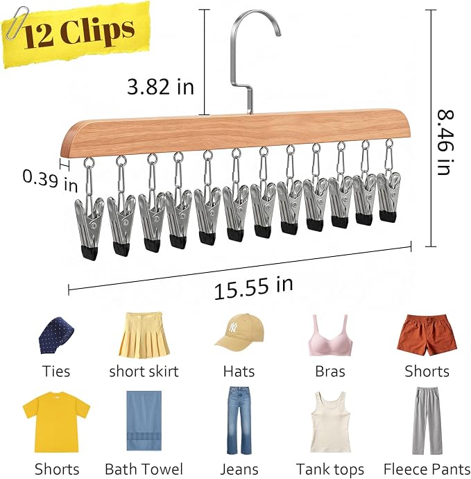 Space Saving Hanging Clothes Organizer with 12 Clips Multi-Purpose Storage for Leggings, Jeans, Skirts, Scarves, Hats, Socks(Natural-4PCS)