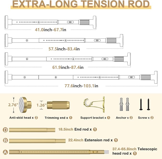 Gold Tension Curtain Rod 41-100In(4-8Ft), Outdoor Curtain Rod No Drilling for Window or Patio, Heavy Duty Shower Tension Rod,Rod Diameter 1.26In-One-bond stretching