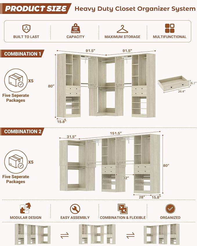 Large Closet System (Set of 3) with 4 Drawers, 8 Hanging Robs, 91.5"/151" Closet Organizer System with Corner Tower, Reversible Walk-in Closet System Corner Closet System, Greige Oak