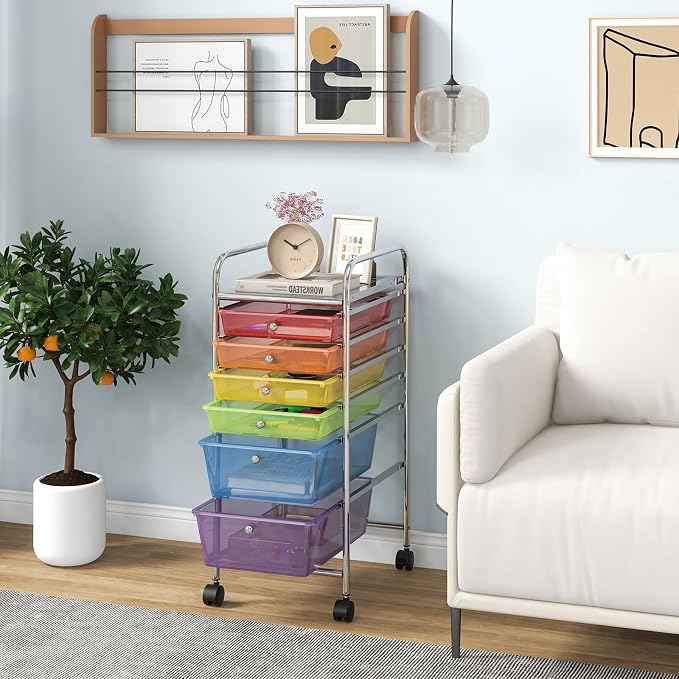 DREAMADE Rolling Cart with Storage Drawers, Utility Cart with Removable Plastic Drawers, Lockable Wheels, Art Cart for Classroom Organization Art Supplies Office Scrapbook (6 Drawers, Rainbow)