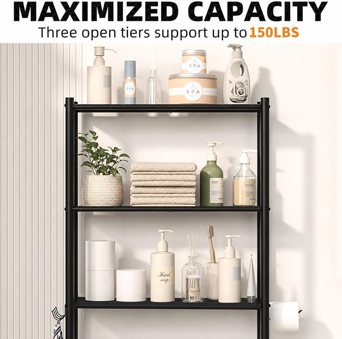 GloTika 3-Tier Over Toilet Storage with Anti-Tilt Safety System - 150lb Total Capacity Metal Bathroom Shelves Including Paper Holder & 4 Hooks, Space Saving Above Commode Organizer (64" H, Black)