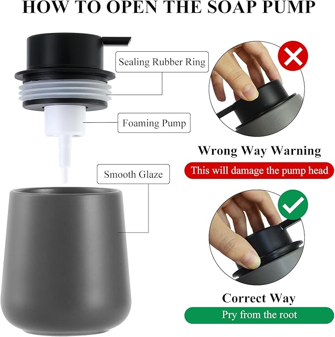 Bosilunlife 12Oz Ceramic Foam Soap Dispenser for Bathroom Kitchen Counter | Premium countertop foam pump creates delicate dense foam, stable desktop placement, Matte Grey