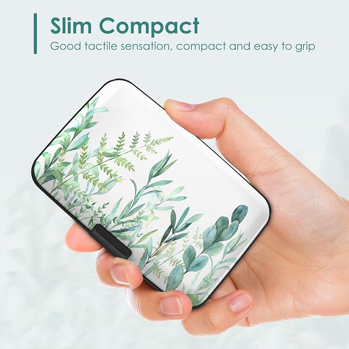 Credit Card Holder, RFID Blocking Aluminum Hard Case, Slim Mini Business Metal Wallet for Women Men, Green Plant Leaves