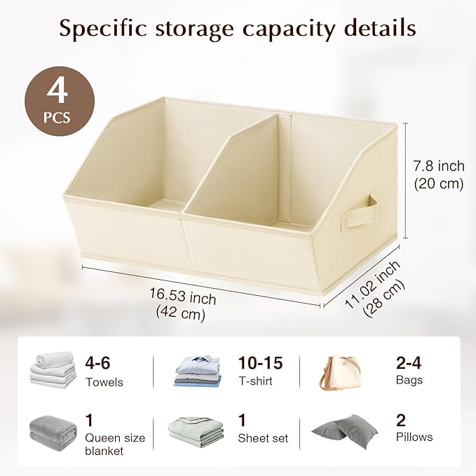 Homsorout Closet Organizers and Storage Bins - 4 Pack Collapsible Divided Trapezoidal Cube Storage Bins Baskets For Organizing Clothes Blankets,Toys, Books, Towels(Beige)