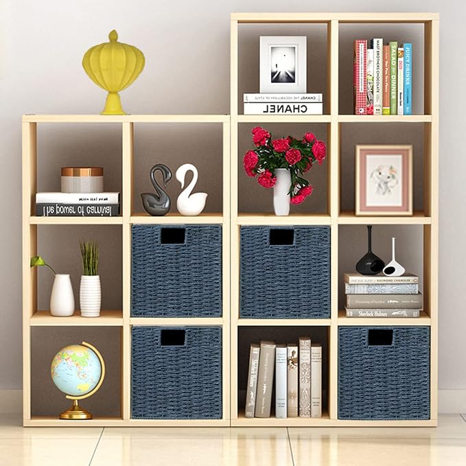 Vagusicc Wicker Storage Basket, Set of 2 Hand-Woven Storage Baskets for Shelves with Handles, Foldable Cube Storage Baskets Bins 11 Inch Large Wicker Baskets for Pantry Decor, Blue(11''x11''x11'')