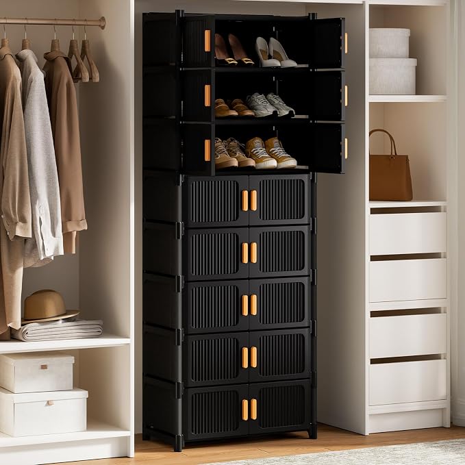 Shoe Rack, 9 Tier Shoe Storage Cabinet with 8 Doors, 27 Pair Plastic Shoe Cabinet with Waterproof, Outdoor Shoe Shelves Organizer for Entryway, Bedroom, Hallway,Living Room, Black
