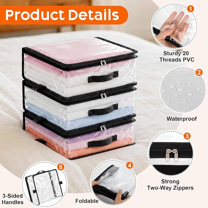 10 Pack Clear Storage Bags with Zipper Handle, Sheet Organizers and Storage | PVC Blanket Storage Bags, Foldable Under Bed Organizer for Baby Clothes Shoes Sweater Toy Bedding Sheet, 15.7x13.8x3.9’’