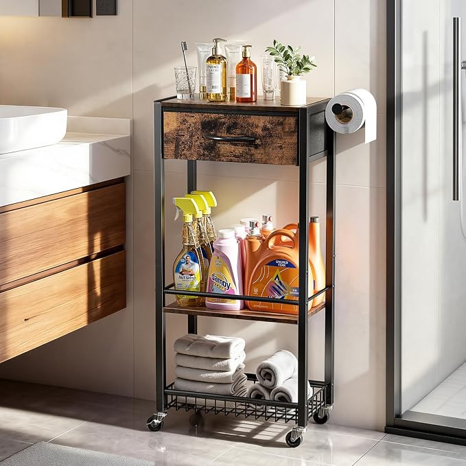 Lewondr Bathroom Organizer and Storage Cart with Drawer, 3-Tier Narrow Rolling Utility Cart with Wood Top and Wheels for Small Spaces, Laundry, Black