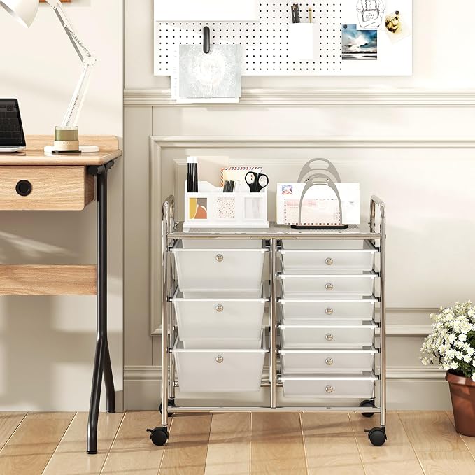 COSTWAY Rolling Storage Cart with 9 Drawer, Utility Cart with Metal Frame | Mobile Art Supply Craft Organizer, Multipurpose Storage Organizer for Paper, Office, School Teacher, Classroom, Transparent