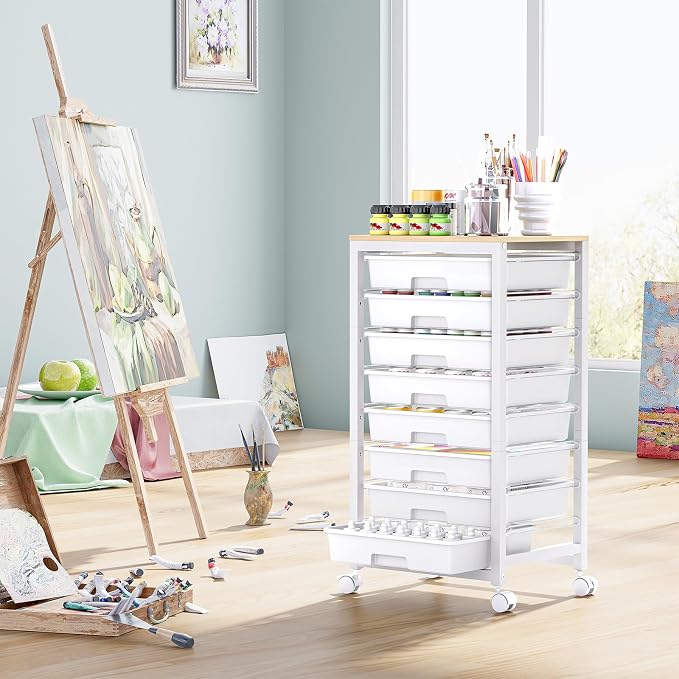 SYKIARIOL Rolling Cart with Drawers,8 Drawer Rolling Cart,Rolling Drawer Cart,Rolling Storage Drawer Cart,White Rolling Cart,Utility Cart with Drawers and Wooden Tabletop