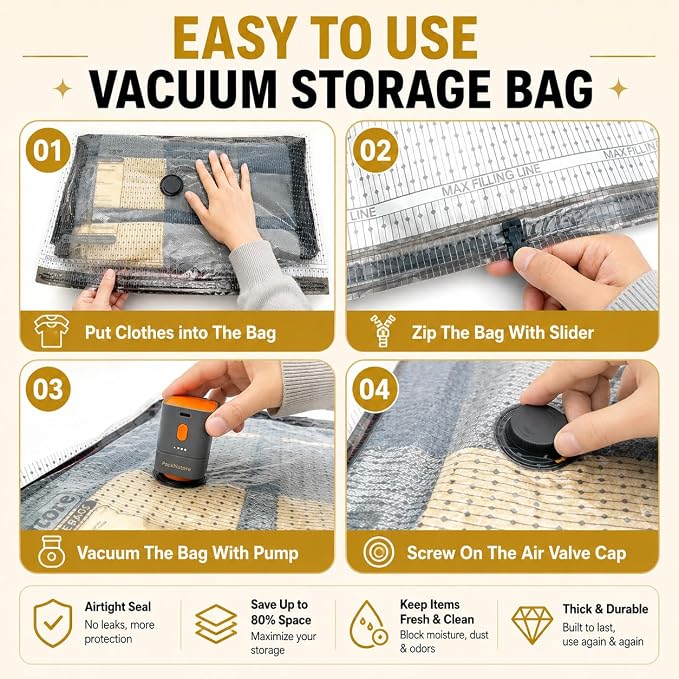Vacuum Storage Space Saver Bags - 20 Pack Sealed Bags with Pump | Includes a rechargeable 25W pump with 4500Pa+ suction for quick vacuum sealing at home or on trips - airtight & waterproof