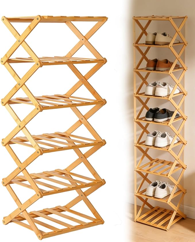 VOGUZY Foldable Shoe Rack, Tier No-Assembly Bamboo Rack, 2026 New Portable Bamboo Corner Shoe Rack, Multifunctional Narrow Shoe Shelf for Entryway, Closet, Corner, Bedroom (6 Layers)