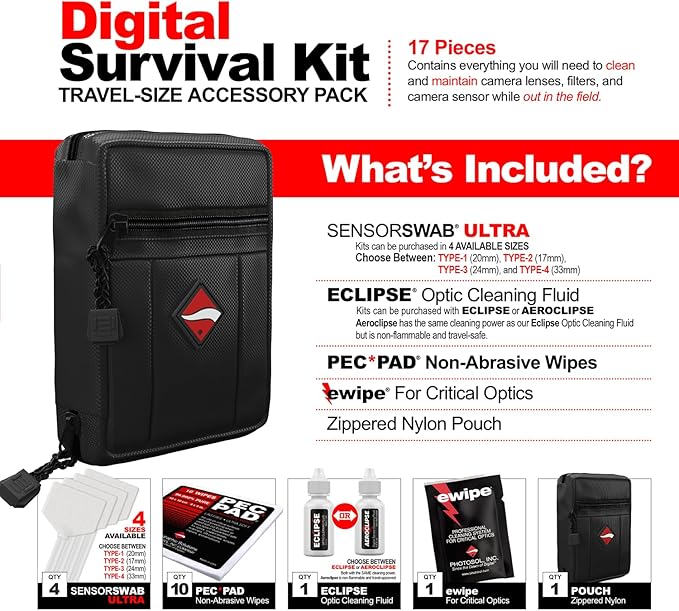 Photographic Solutions Digital Survival Kit - Type-1 (20mm) Sensor Swab, PEC-PAD Photo Wipes, E-Wipe Packet, Eclipse Optic Cleaning Fluid - Camera Cleaning Kit with Travel Bag