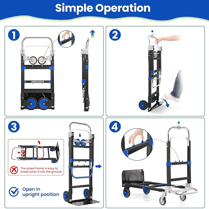 3-in-1 Folding Hand Trucks, 600Lbs Convertible Hand Truck Dolly, Heavy Duty Convertible Dolly with Retractable Handle and 4 Rubber Wheels, Collapsible Cart for Moving Office/Home/Warehous(Blue)