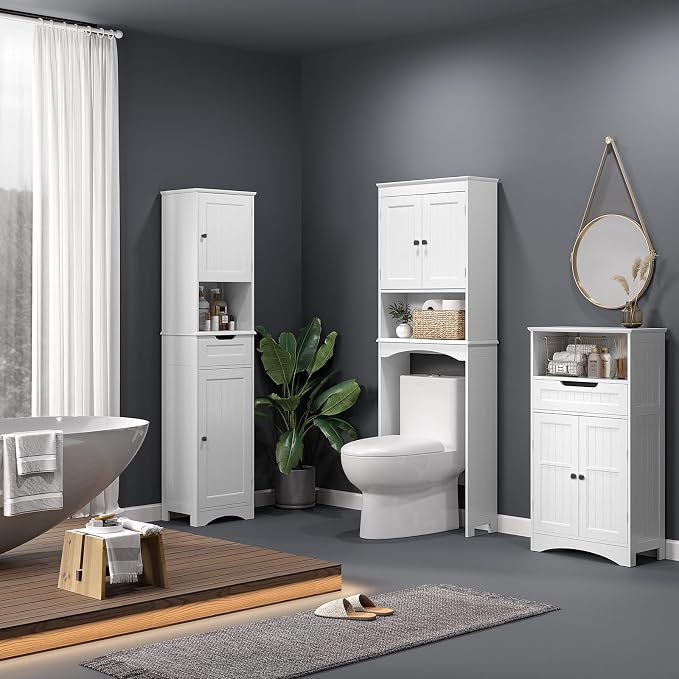 Bealife Over The Toilet Storage Cabinet with Open Shelf - White | Over Toilet Bathroom Organizer with Adjustable Shelf and Double Doors, Space Saver Free Standing Storage Shelf for Bathroom