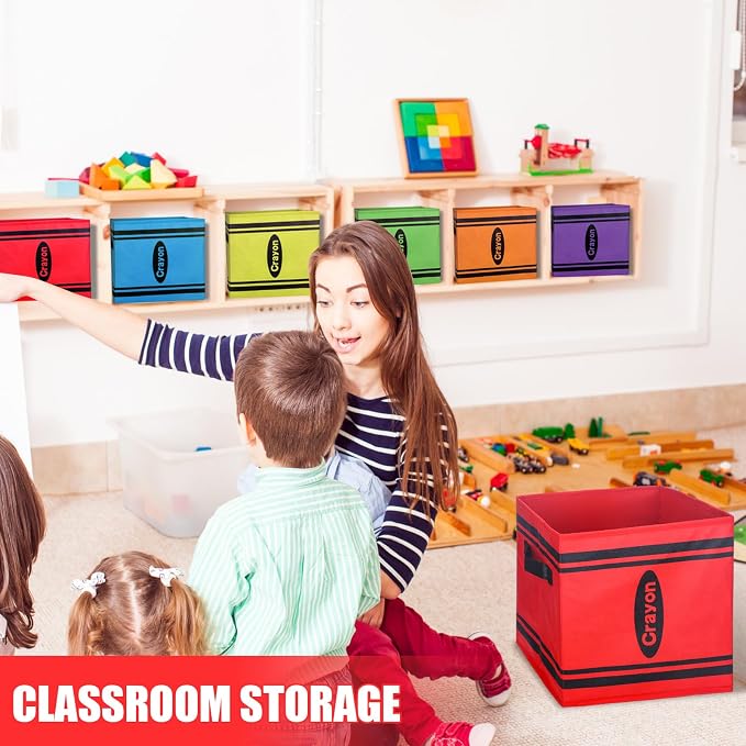 RattanView 12 Pcs 11in Crayon Fabric Storage Bins Classroom Must Have Cubby Basket Bins Return School Prize Box End of Year Organization for Daycare, Elementary, and Preschool