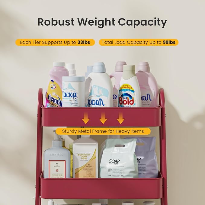 DUMOS 3 Tiers Rolling Cart, Utility Cart, Metal, White | Mobile Storage, Lockable Wheels, Utility Shelving Unit, Kitchen, Bathroom, Laundry, Narrow Places