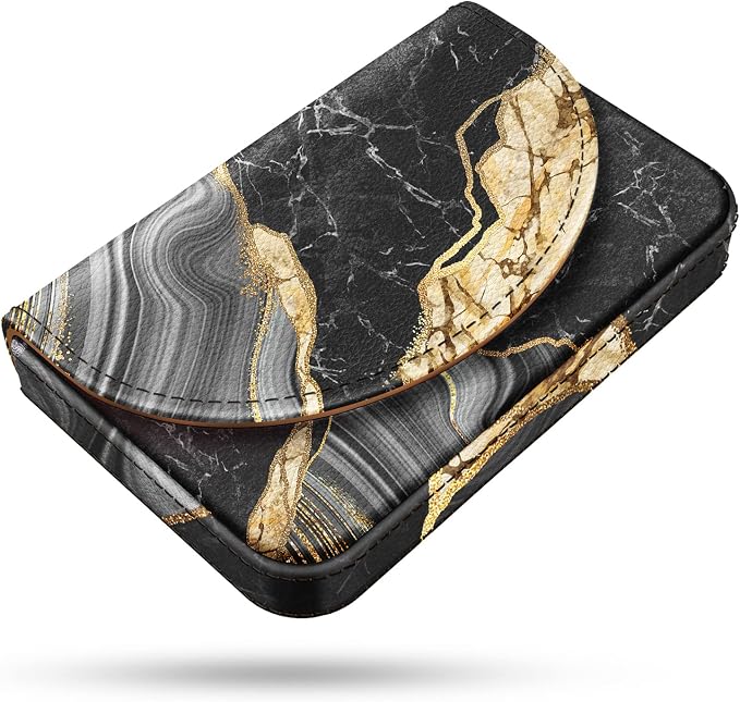 Business Card Holder，PU Leather Business Card Case Color Printing Pattern Card Holder Wallet，Pockets Magnetic Credit Card Holders for Men and Women，Black Marble