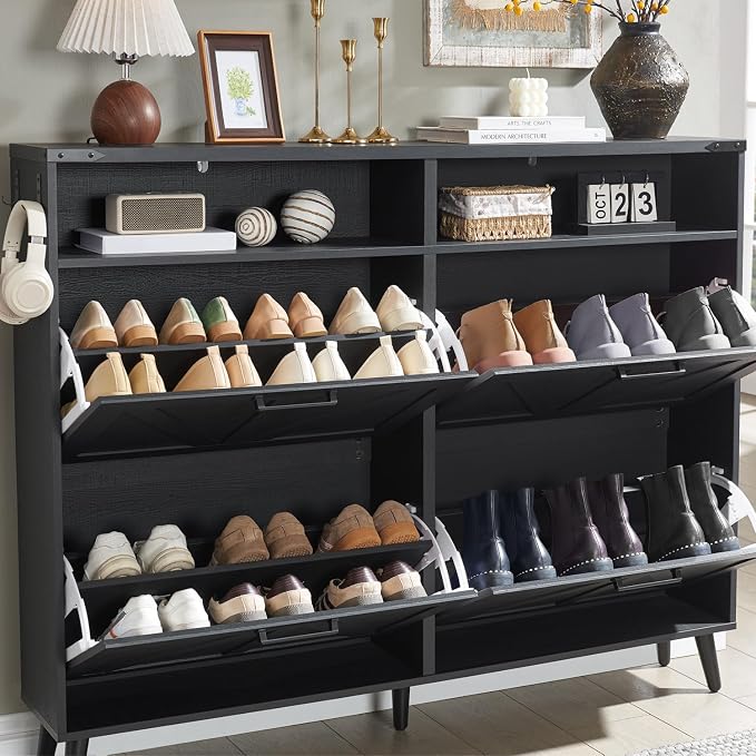 Shoe Storage Cabinet, Farmhouse Shoe Organizer with 4 Flip Drawers & Barn Door,Freestanding Hidden Slim Narrow Shoe Rack with Open Shelves for Entryway, Foyer, Hallway, Black